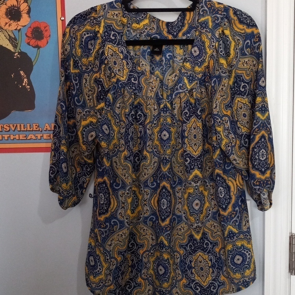 Ann Taylor Navy Mustard Yellow Paisley Boho Blouse Petite Small - Picture 11 of 13